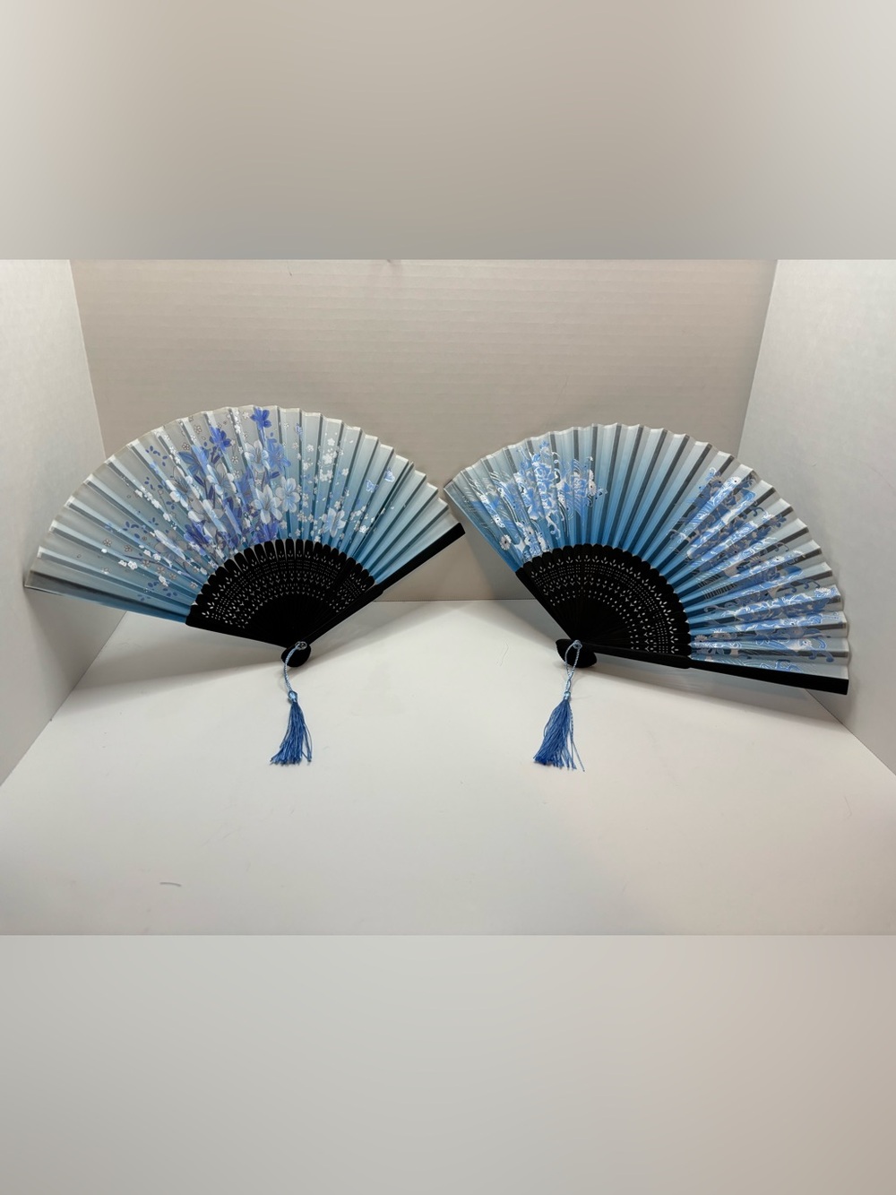 Japanese Blue Floral Hand Fan W Tassels  Pair